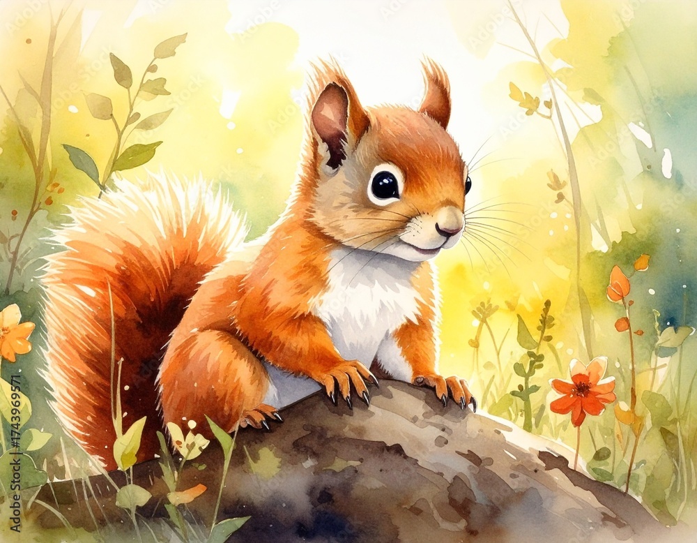 Obraz premium Ein kleines Eichhörnchen-Jungtier sitzt auf einem Ast