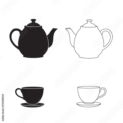 Teapot and Cup Silhouette and Outline black white vector illustration drink beverage hot design graphic icon