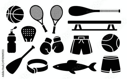 Diverse sports equipment collection including tennis rackets basketball boxing gloves and water sports paddles showcasing a healthy and active lifestyle