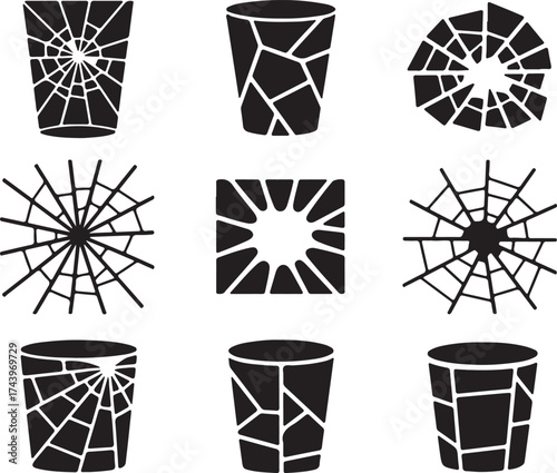 Broken Glass Container Set Silhouette Shapes. Glassware Crash Debris, Shattered Pieces