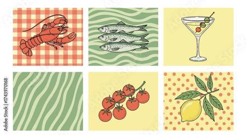 Vibrant Food and Drink Illustrations: Lobster, Fish, Cocktail, Tomatoes, and Lemon