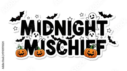 Midnight Mischief: Spooky Halloween artwork, featuring grinning pumpkins, whimsical ghosts, and silhouette bats against a backdrop, exuding the fun and mystery of the holiday.