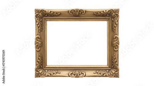 Ornate golden picture frame with floral details isolated against a white background in studio shot