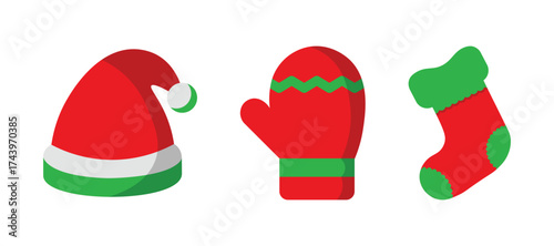 christmas santa hat mitten and stocking colorful vector illustration festive winter holiday design