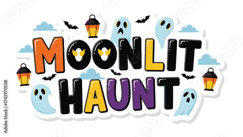 Moonlit Haunt: A festive design of Moonlit Haunt lettering, adorned with playful ghost, bats, and lanterns, captures the essence of a spirited Halloween celebration. 