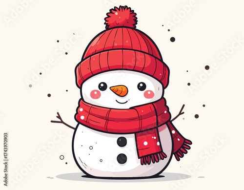 Cheerful snowman with red hat, scarf, and carrot nose for winter festivities