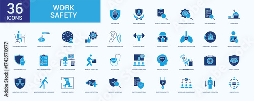 Work safety icon collection set with safety measures, health surveillance, hazard identification, risk assessment, job stress