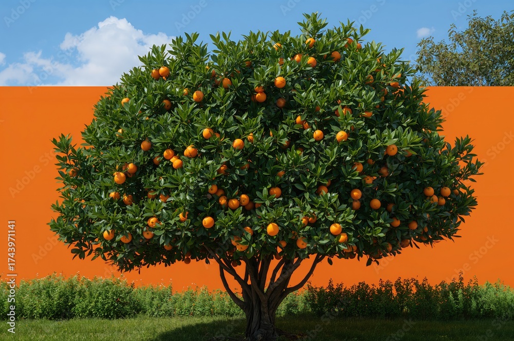 Fototapeta premium Citrus tree with ripe fruit against a vibrant orange backdrop