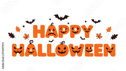 Happy Halloween: Capturing the festive essence, an artistic, spooky typography design spells out Happy Halloween, adorned with bats, pumpkins and autumn leaves, evoking excitement and fun.