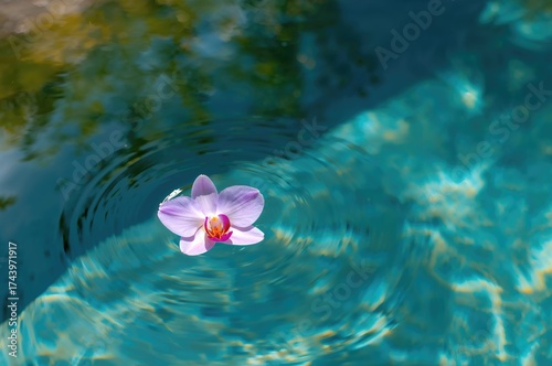Sunlit orchid floating on water