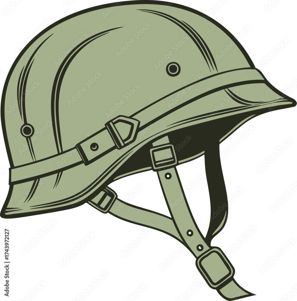Fototapeta premium Protective military helmet, classic army headpiece. Detailed soldier headgear with buckle and chinstrap, perfect for a vintage war or battle design.