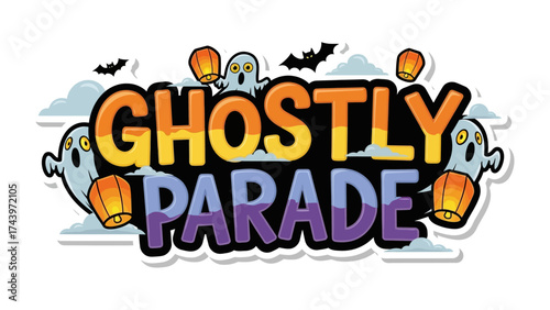 Spooky Festival Banner: Spooky festival banner with a vibrant orange and purple text, accompanied by cheerful cartoon ghosts and bats, lanterns under cloudy sky.