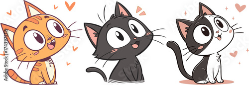 Set of Black and white kitten cartoon illustration, cute cat character with big eyes, sitting smiling, simple flat vector art. Adorable feline pet for kids design