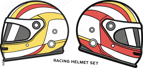 Racing helmet vector set, side view of two different motor sport or karting protective headgear. Illustration of speed and competition equipment with stylized color stripes for a game or sport theme.