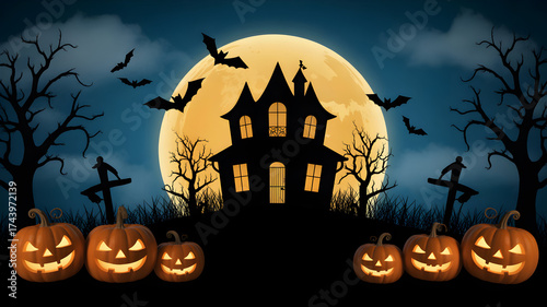 A halloween scene with a haunted house pumpkins bats and a full moon in a spooky atmosphere