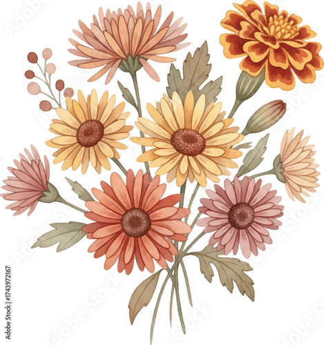 Watercolor Painting Floral Arrangement Bouquet with Chrysanthemum and Marigold Flower