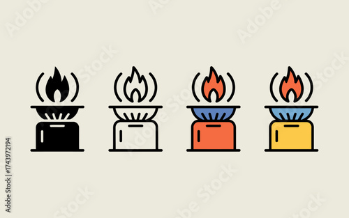 Four variations of a gas stove icon showcasing black outline white outline orange and yellow designs on neutral background