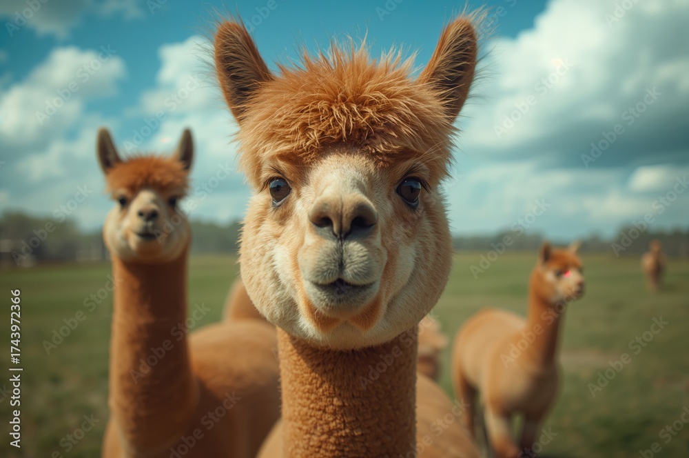 Obraz premium Female alpacas with orange fur on a ranch