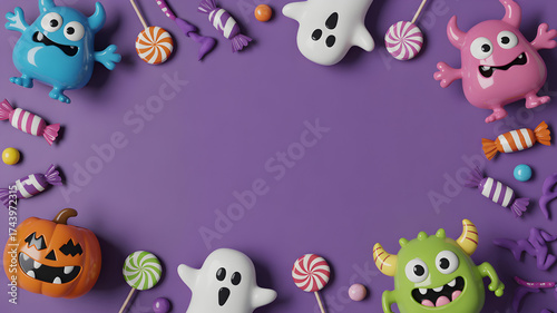 Halloween candy and monster figures arranged on a purple background creating a frame effect