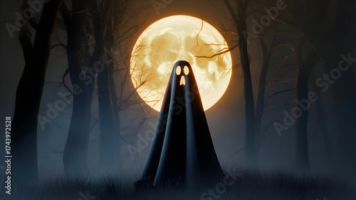 A spooky ghost under a bright moon in a dark forest creating a halloween night scene image
