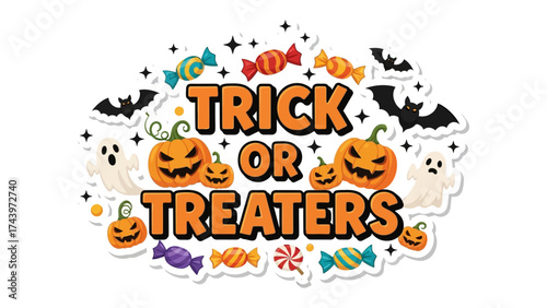 Spooky Sweets: A captivating Halloween illustration featuring whimsical jack-o'-lanterns, playful ghosts, and an array of candies. Inviting you into a world of eerie delight and sugar-coated fun.