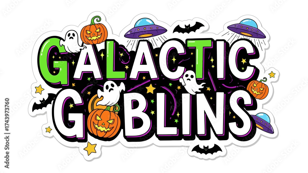 Obraz premium Galactic Goblins Illustration: A spooky, whimsical illustration features the words Galactic Goblins with a unique, creative design, perfect for festive decor or digital art.