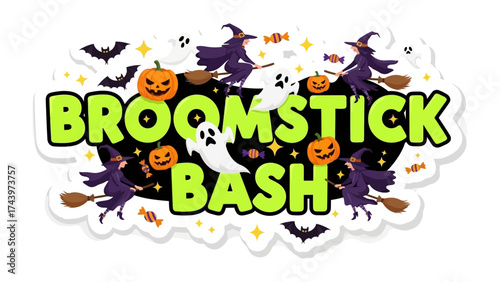 Broomstick Bash: A whimsical Halloween illustration featuring a vibrant scene of witches, pumpkins, bats and ghosts. Perfect for holiday promotions.