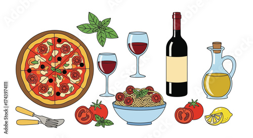 Italian Food and Drink Assortment: Pizza, Pasta, Wine, Olive Oil, and Fresh Ingredients