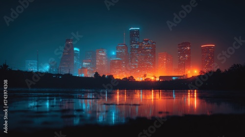 Photrealistic Photograph of the Houston skyline in a cyberpunk aesthetic at nighttime, small orange and blue accents
