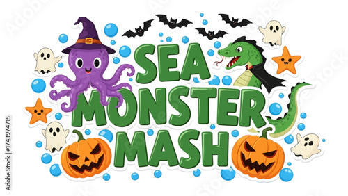 Sea Monster Mash: A whimsical illustration showcasing a playful Halloween scene with adorable sea creatures. 
