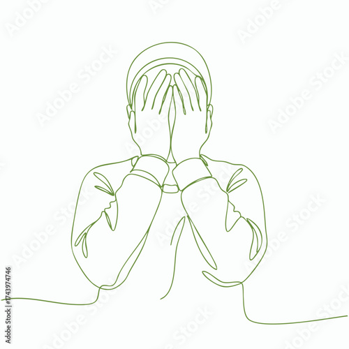 Minimalist line drawing of a person covering their face with hands, conveying emotion or contemplation in a simple style