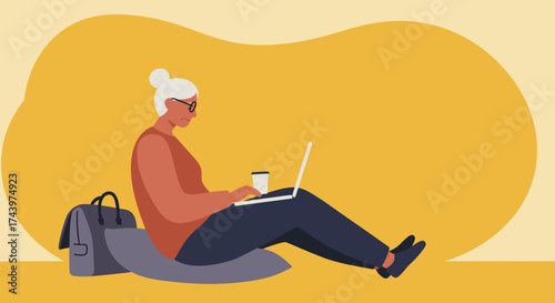 Senior woman using laptop for remote work or learning enjoying modern tech lifestyle