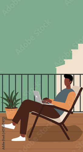 Man working on laptop on balcony Remote work freelancing or studying at home concept
