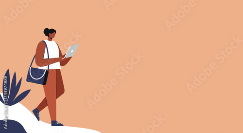 Modern woman walking with laptop remote work digital lifestyle mobile connectivity online learning