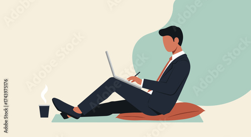 Businessman working remotely on laptop with coffee showcasing modern flexible work style