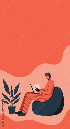 Person relaxing on a bean bag using laptop and phone Remote work digital lifestyle concept