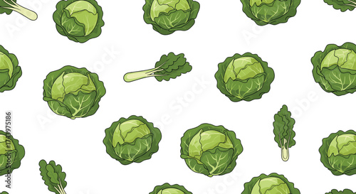 A close up view of various leafy green vegetables arranged in a repeating pattern on a white background.