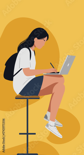 Focused young woman working remotely or studying online with laptop and stylus Modern lifestyle education