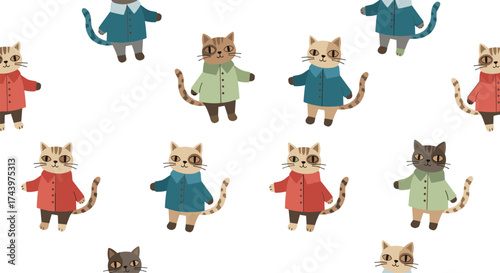 A whimsical collection of cute cartoon cats wearing colorful jackets and standing in various poses.