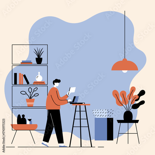 Man working remotely from a modern home office with laptop and documents Business lifestyle
