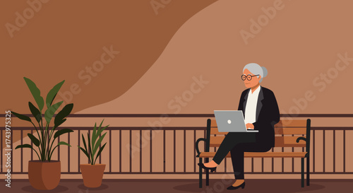 Senior woman working on laptop on a balcony blending business with a relaxed lifestyle