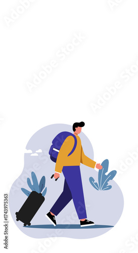 Man with backpack and luggage walking ready for travel journey or new adventure
