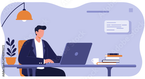Man working remotely on laptop in home office Business freelance online learning productivity