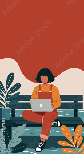 Woman using laptop on park bench Remote work online study freelance digital nomad lifestyle