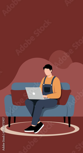 Man working remotely on laptop from a comfortable sofa at home Freelance online learning lifestyle