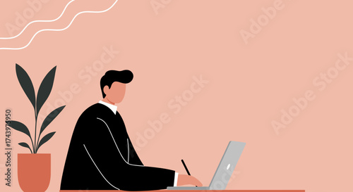 Focused person working on laptop at modern workspace embodying remote work and productivity