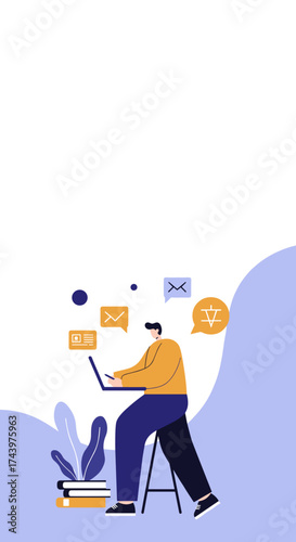 Professional working remotely on laptop with digital communication finance and learning symbols