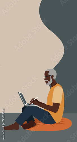 Older Black man uses laptop and stylus at home Modern elder embraces technology for work or hobby
