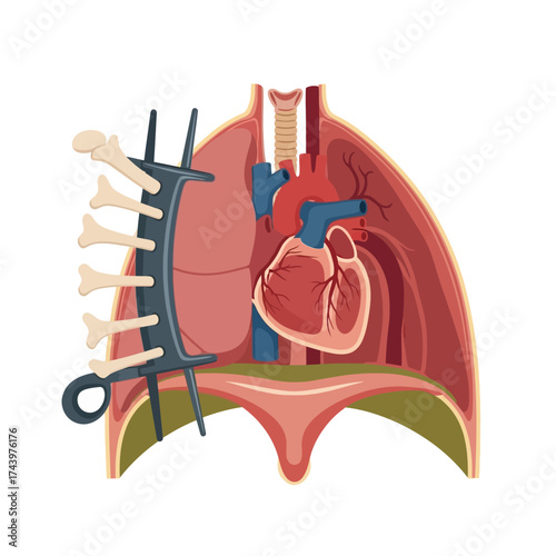 Detailed human anatomy illustration highlighting cardiovascular system, lungs, and rib cage, perfect for medical education and healthcare marketing materials