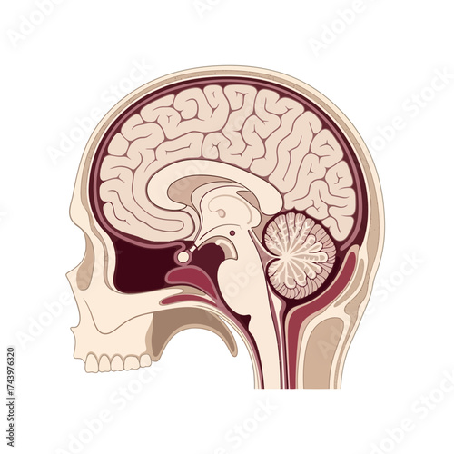 Detailed anatomical illustration of the human brain and skull in cross-section, perfect for medical education or neuroscience research materials